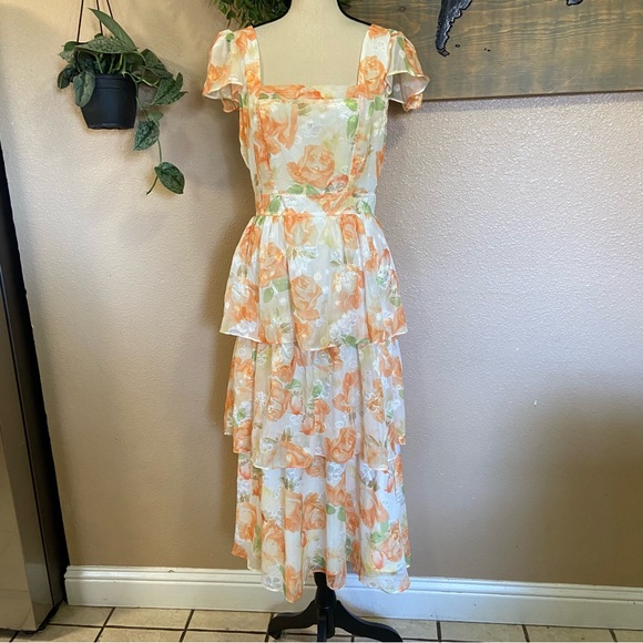 NWOT Lulus Beyond Beauty White and Orange Floral Burnout Tiered Midi Dress - Picture 2 of 11